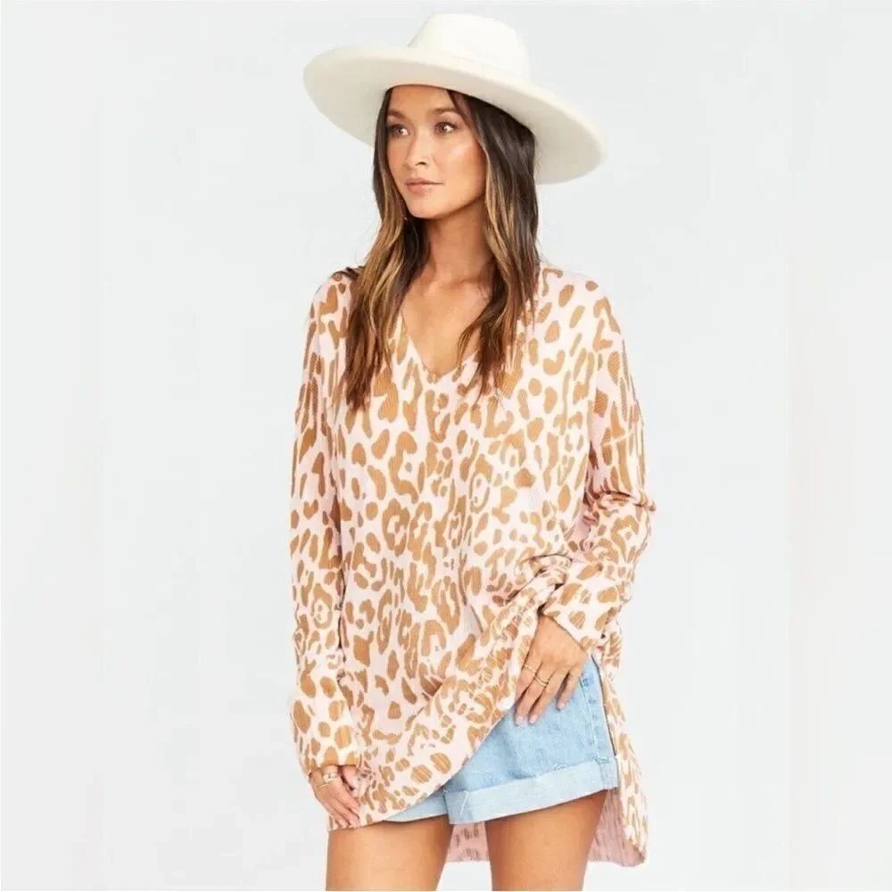 Show Me Your Mumu Cliffside Sweater Pink Leopard Knit XS